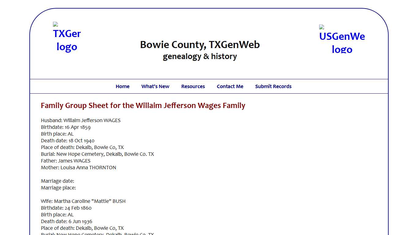 Wages, Willaim Jefferson | Bowie County, TXGenWeb